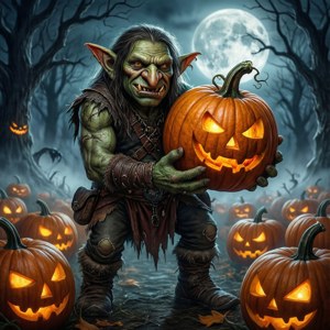 Vätte håller glödande jack-o-lantern i hemsökt skog under fullmåne.