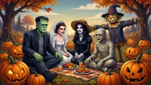 Halloween characters picnic with pumpkins in autumn forest.