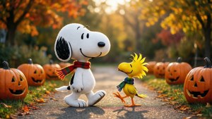 Snoopy et Woodstock se promènent sur un sentier automnal festif.
