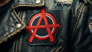 Een close-up van een geborduurde anarchie-symbolenpatch op een leren jas.