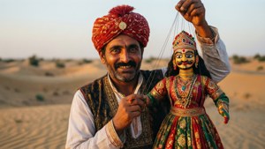 Dukkefører med fargerik dukke på Jaisalmer Desert Festival.