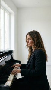 Myleene Klass spielt Klavier in einem ruhigen weißen Raum.