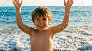 Fröhliches Kind Tapet mit erhobenen Armen an einem sonnigen Strand, der Wasser spritzt
