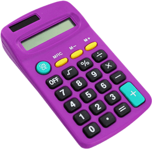 A purple calculator with black and teal buttons on a black background.
