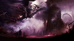 En massiv mörk drake flyger över ett slagfält med krigare nedanför under en stormig lila himmel. — Awesome Dragon Bilder