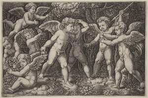 Putti Playing by Meester van de Dobbelsteen, in engraving. Download this artwork as a high-resolution wallpaper for desktop, tablet, or mobile.