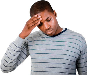 Young man holding his forehead looking tired or frustrated. — Confused PNG