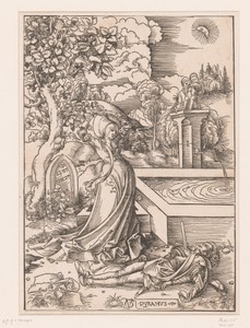 Pyramus en Thisbe by Urs Graf, created 1505, in paper; houtsnede. Download this artwork as a high-resolution wallpaper for desktop, tablet, or mobile.