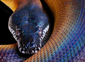 Regnbågsboaorm med blå och guld fjäll tätt ringlad mot svart bakgrund — Söta Snake Bilder
