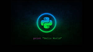 Python-logotyp med glödande neoncirkel och print Hello World-text på mörk bakgrund.