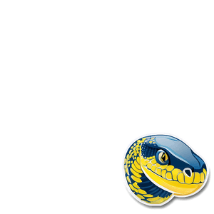 Blue and yellow snake head sticker with glow effect on olive green background.