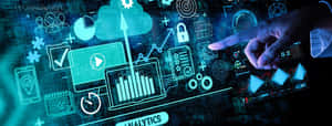 Hand touching glowing digital analytics symbols on a dark screen.