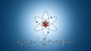 Förenklat atomdiagram med Schrödinger-ekvationen nedan på blå gradient.