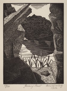 Quarry Pool by Arnold Wiltz, created 1936, in wood engraving in black on laid paper. Download this artwork as a high-resolution wallpaper for desktop, tablet, o — Arnold Wiltz Wallpaper