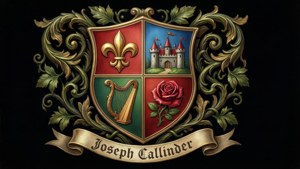 Ein Tapet, das ein geviertes Wappen mit Lilie, Burg, Harfe und Rose für Joseph Callender zeigt