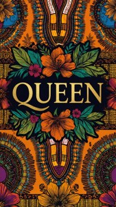 Typografisk tapet med 'QUEEN' tekst på afrikansk print baggrund