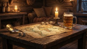 Tavolo accogliente da taverna con mappa e attrezzatura da avventura