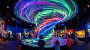 Fun and dynamic inside Questacon science museum in Canberra with a giant vortex and kids.