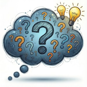 Een gedachtenwolk gevuld met vraagtekens en gloeilampen, conceptueel en intellectueel.