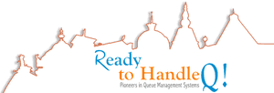 Orange outlined building skyline with blue and orange business text