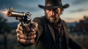 Dramatisk revolvermann som trekker revolver med munningsflamme i skumringen