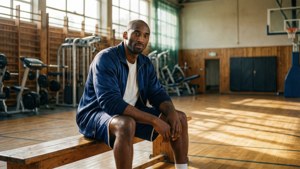 Kobe Bryant seduto in una palestra illuminata dal sole, posa rilassata pensierosa, sfondo con luce naturale