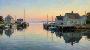 Impressionist harbor painting with sunset reflections and quaint houses — Stephen Parrish Wallpaper