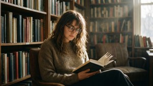 Kaya Scodelario liest in einer Bibliothek mit warmem Licht