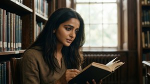 Alia Bhatt leser en bok i et bibliotek, badet i mykt naturlig lys.