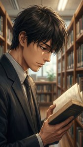 Haruki læser en bog på et bibliotek, varm belysning, anime-stil