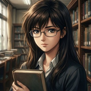 Kyoko Tokiwa læser en bog på biblioteket.