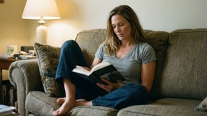 Alison Lohman membaca buku di lingkungan rumah yang nyaman