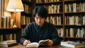 Tomohiro Nagatsuka læser i et hyggeligt bibliotek