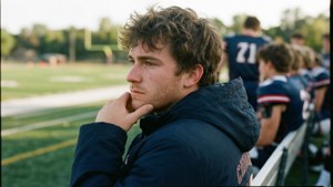 Candid shot of Carrington Valentine on the bench, reflecting.