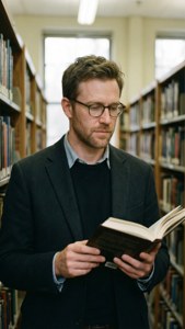 Andrew Gilbert Mills estudiando en una biblioteca