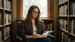 Mckenna Grace membaca di lingkungan perpustakaan yang nyaman.