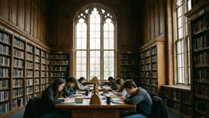 Fridfull interiör från Georgetown-bibliotek med studenter som läser vid välvda fönster