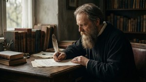 Christoffel Lubienitzki catturato in una scena serena di scrittura con libri e penna d'oca