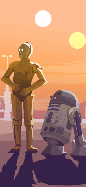 C-3PO and R2-D2 standing in a desert under two suns at sunset. — R2d2 Picture