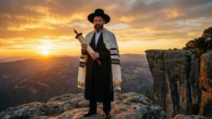 En majestetisk solnedgangsscene av en jødisk rabbiner med Torah-rull på en klippe.