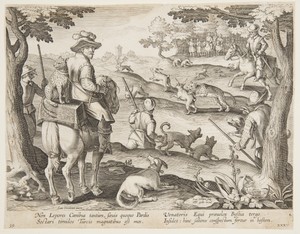 Rabbit hunt by Jan Collaert (II), created ca. 1595, in Engraving on paper. Download this artwork as a high-resolution wallpaper for desktop, tablet, or mobile. — Art Picture