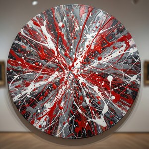 A circular Pollock piece with dynamic radial splatters