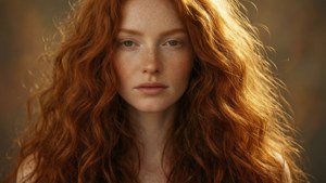 Een close-up portret van een vrouw met stromend rood haar in gouden licht, zacht en dromerig.