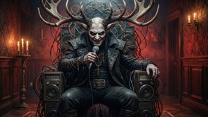 Alastor gezeten op een troon van vintage radio's.