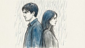 A sad drawing of a couple separated by rain.
