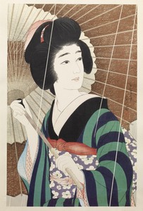 Rain by Torii Kotondo, created 1929, in woodblock print on paper. Download this artwork as a high-resolution wallpaper for desktop, tablet, or mobile.