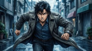 Haru Kato chases after a suspect in the rain, showing his dedication.