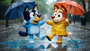 Bluey e Bingo dançam na chuva com guarda-chuvas.