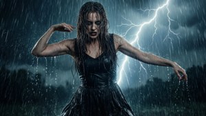 M3gan dancing alone in a thunderstorm, lightning striking behind her.