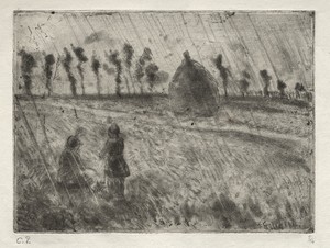 Rain Effect by Camille Pissarro, created 1879, in etching and aquatint. Download this artwork as a high-resolution wallpaper for desktop, tablet, or mobile. — Art Picture